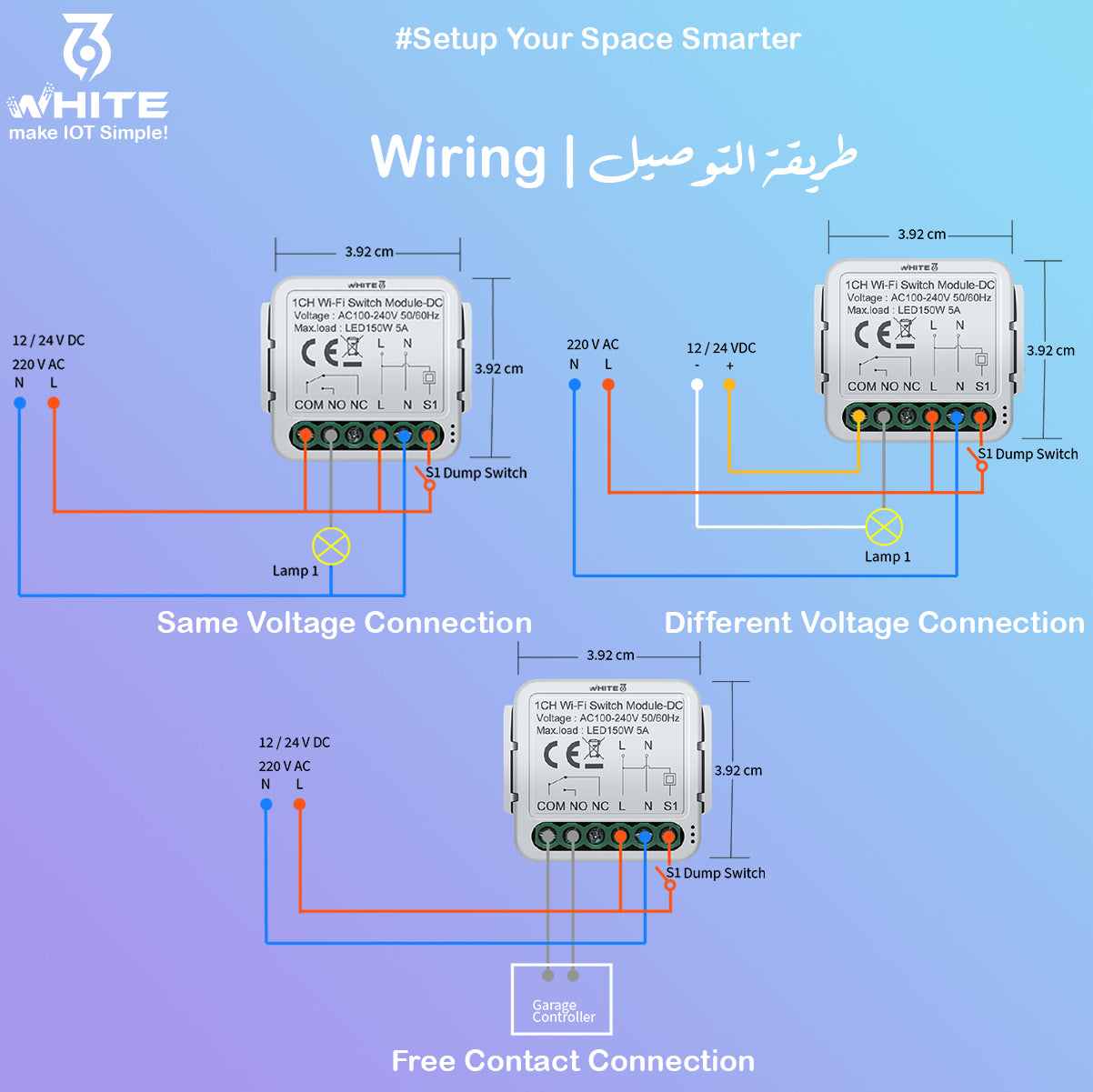 Wiring of White 369 DIY Smart Switches Free Contact, Support Tuya & Smart Life App and Alexa used as relays for Doors Gerage Motor