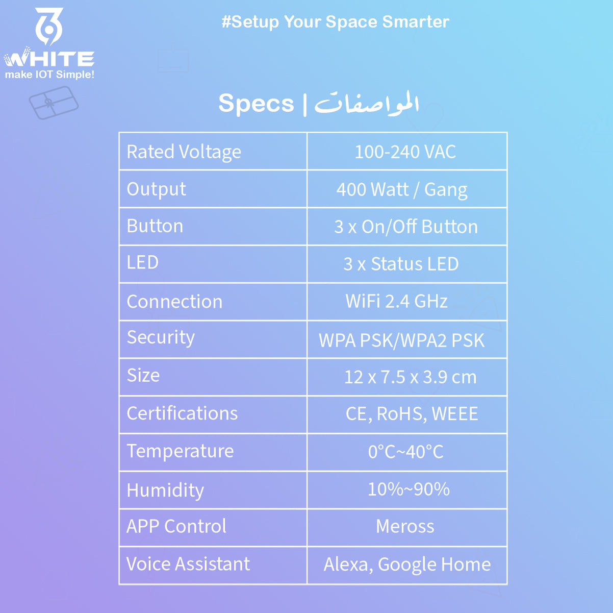 SPECS Datasheet of  White369 Meross Smart Wall Switch MSS530 ITALY version, Touch 400 W, 3 Gangs Works with Alexa, and Hey Google Available in Jordan by White369 Shop