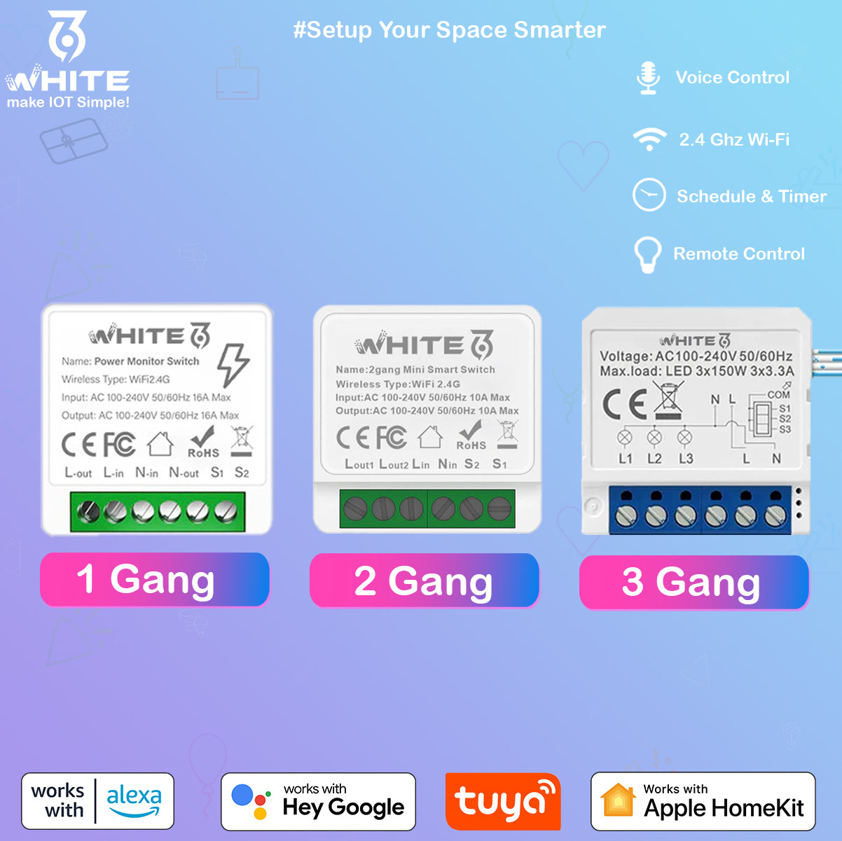 White369 Smart DIY Switch, Mini, Support Energy Monitor, WiFi, In wall switch, works with Tuya, Smart Life app, Alexa, and Hey Google, White369 Smart mini switch types are 1 Gang, 2g, and 3 Gangs Available in Jordan by White369 Shop