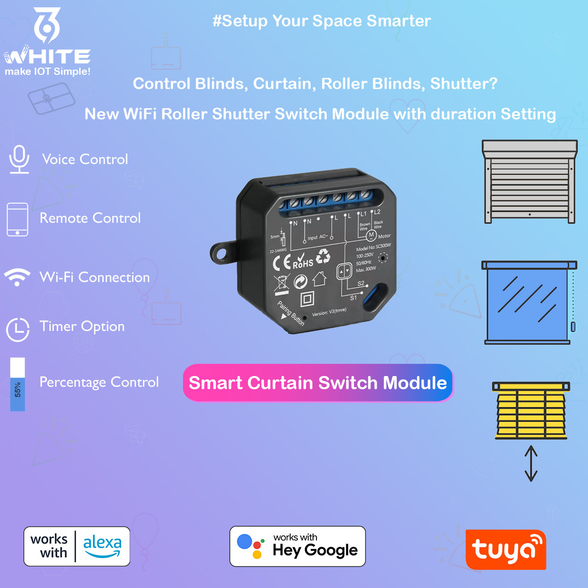 White 369 Smart DIY Curtain Switch Module, one Channel, Used for Curtains Garage Doors, Support Percentage control works with Tuya, Smart Life, Alexa and Google Home 